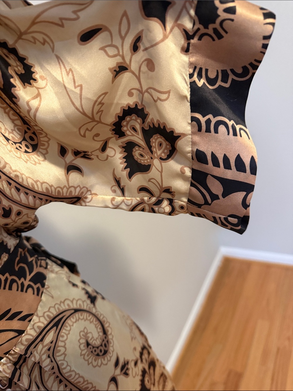 100% Silk Floral Paisley Wrap Dress look in Black & Champagne - Picture 3 of 4